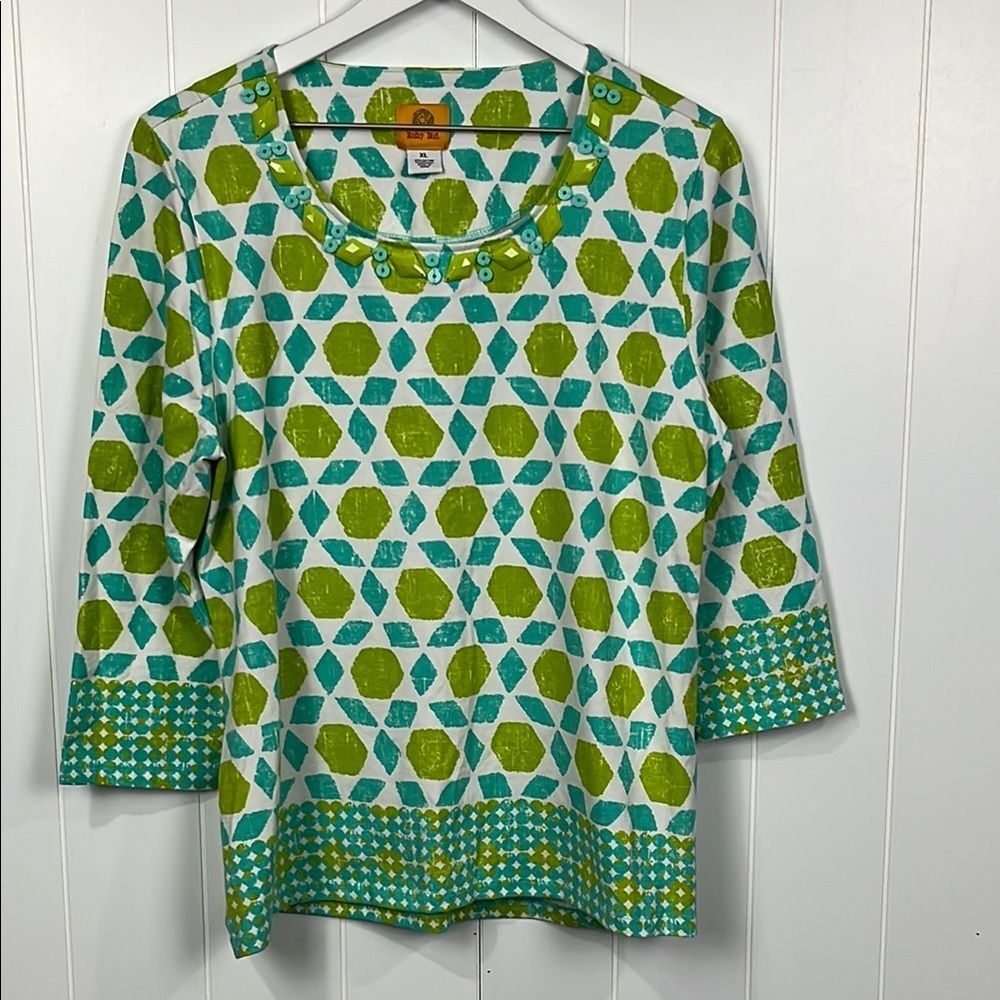 Ruby Rd Womens Top XL Turquoise Green White Embellished Neckline 3/4 Sleeves EUC